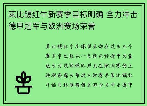 莱比锡红牛新赛季目标明确 全力冲击德甲冠军与欧洲赛场荣誉